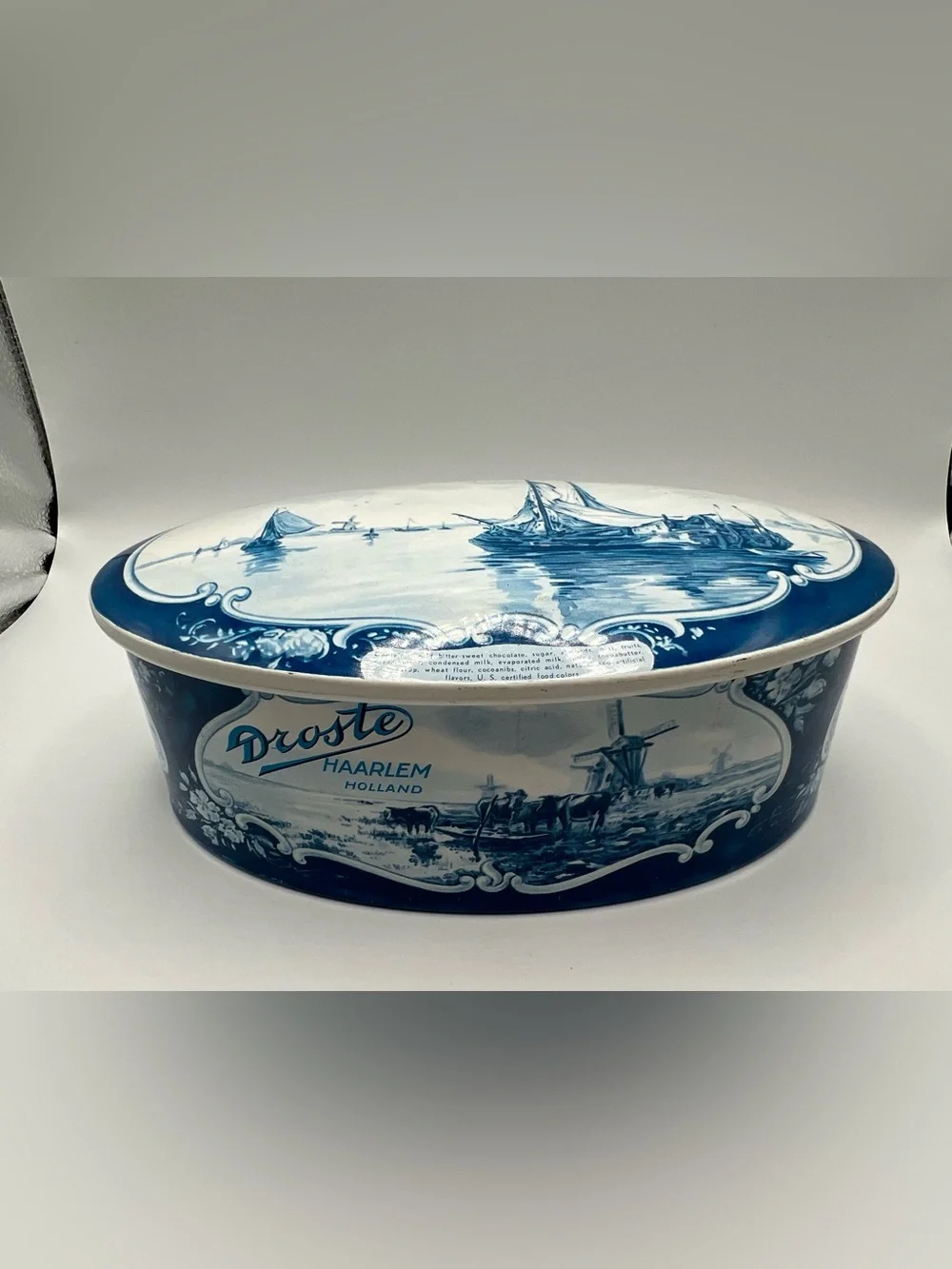 Vintage Droste Holland Oval Metal Candy Tin White And Blue Design